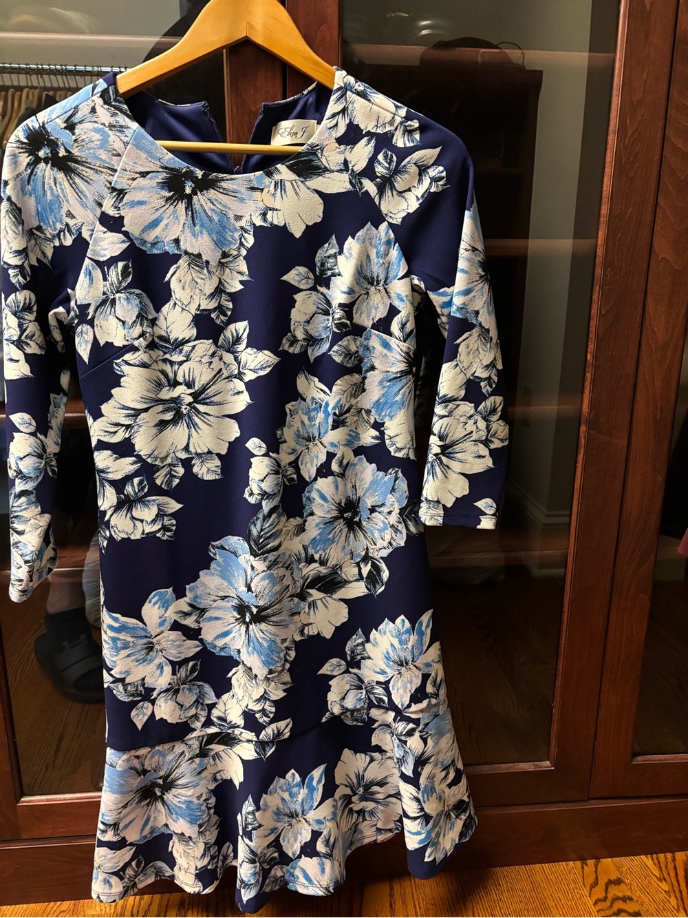Eliza J Navy Blue Floral Fit-and-Flare Long Sleeve Dress
